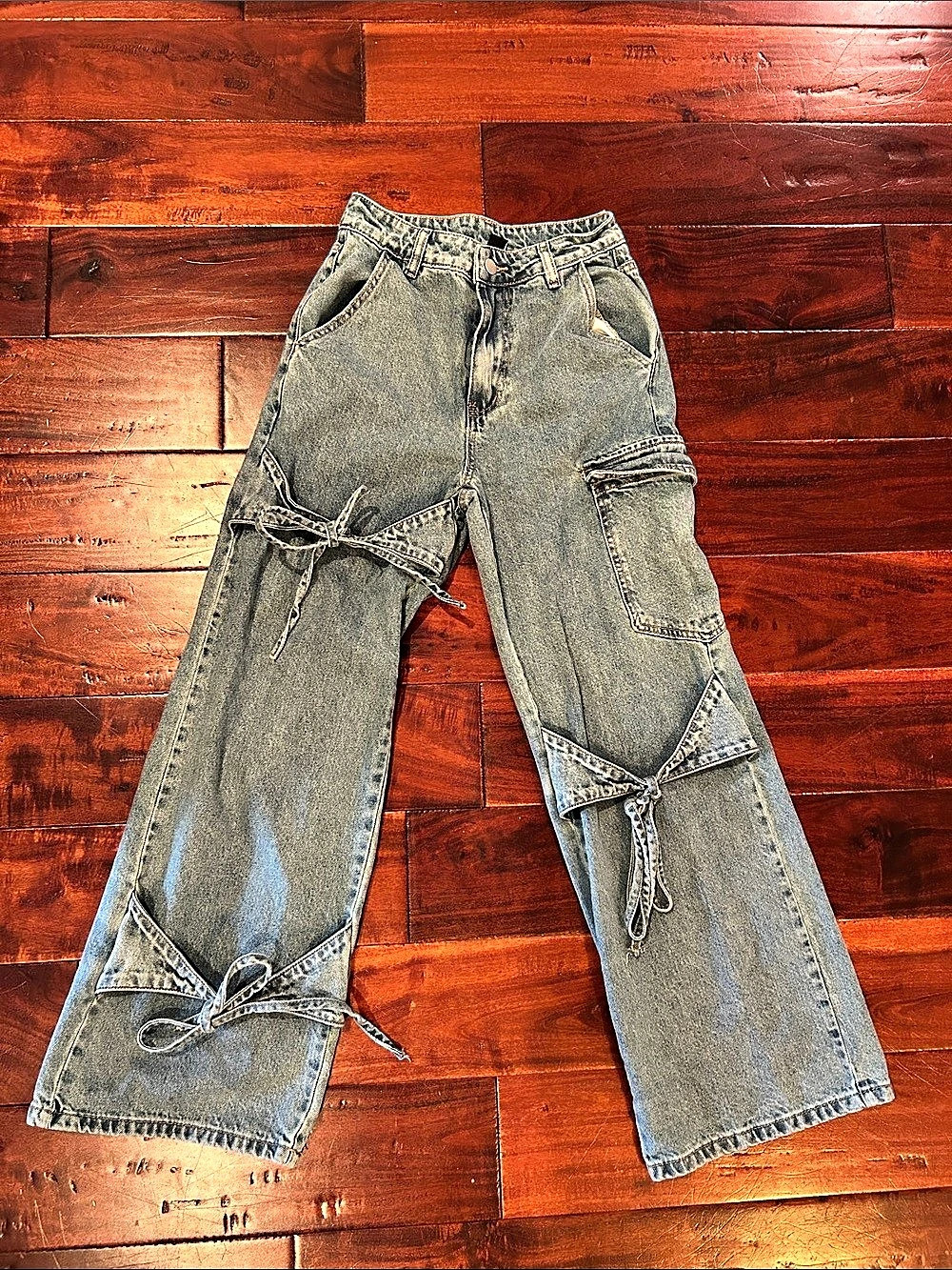 Cider Wide Leg Cargo Jeans with Bow Tie Details in Blue